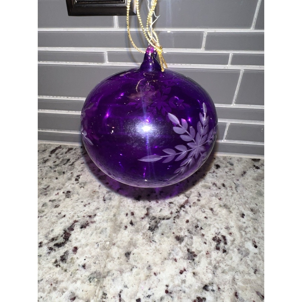 Hand Blown Purple Etched‎ Art Glass Ornament Snowflake Teardrop Christmas Decor